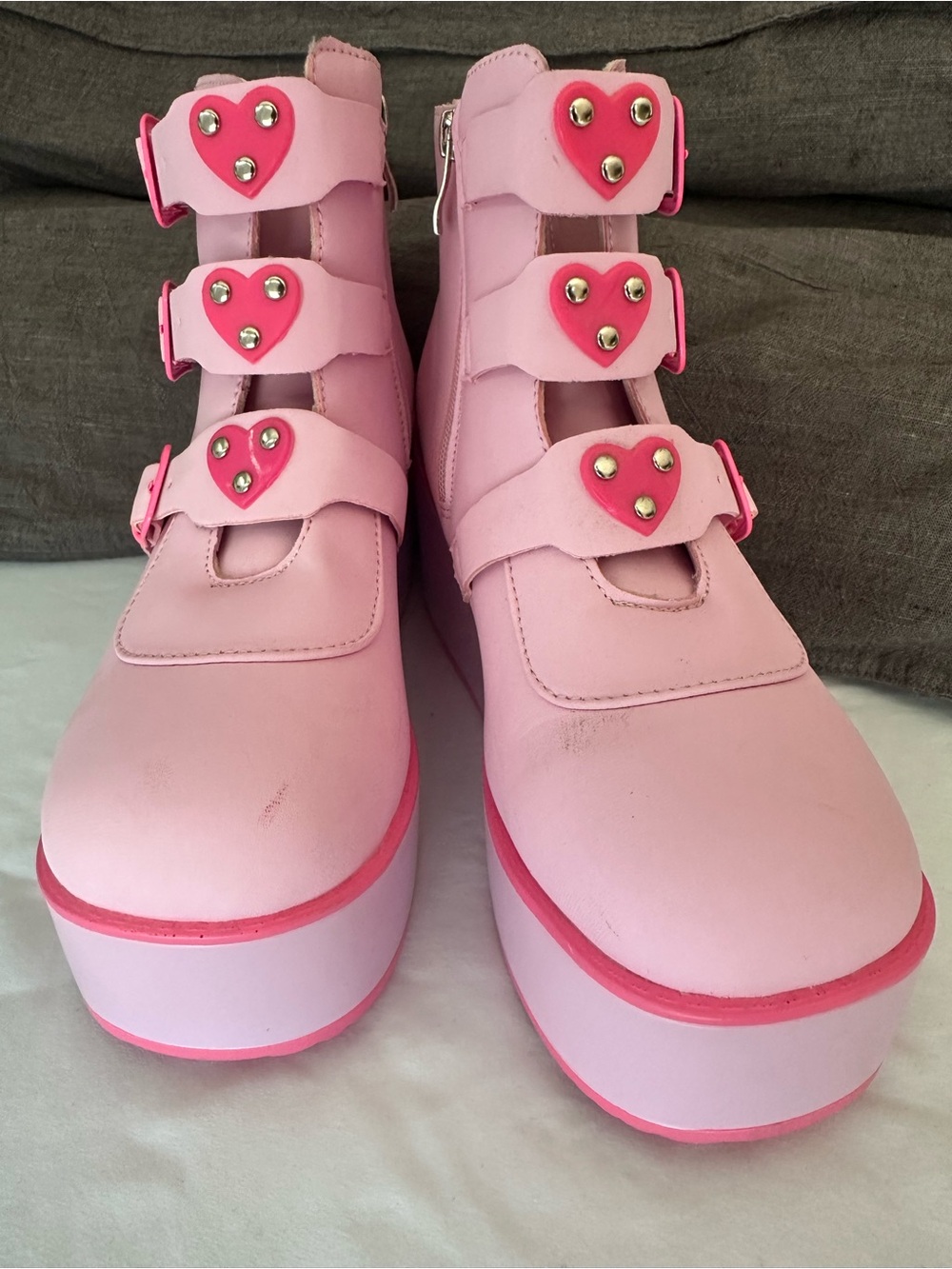 Pink Platform Heart Buckle Ankle Boots with Zipper - Comfortable!